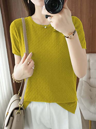 Image of Womens Short Sleeve Sweaters Tops Summer Thin Pullover Cotton Knit Shirt Crew Neck Lightweight Pointelle Blouse