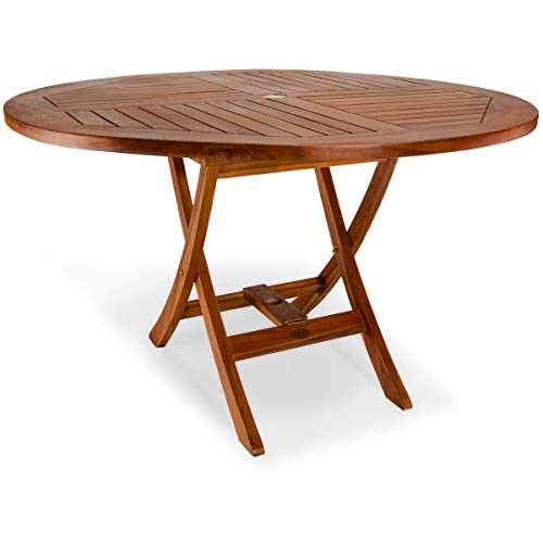 All Things Cedar Tt5P-R-R Teak Round Table & Folding Chair Set With Cushions, Red #TOP3