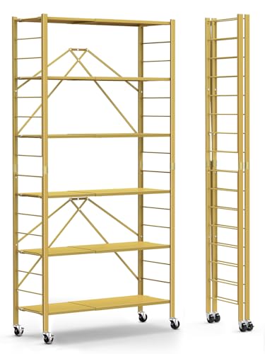 Image of Himix 6-Tier Foldable Storage Shelves Expandable Shelf Wheels Gold 2-in-1 | Folding shelving units, Metal collapsible organization, Changeable into 2 shelf units, Bookshelf, Garage, Holds 3600 Ibs