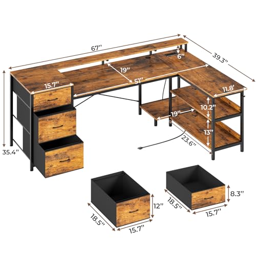 Rustic Brown L-Shaped Desk with Power Outlet and Storage for Home Office and Gaming