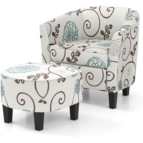 Giantex Small Accent Chair with Ottoman Set, Upholstered Barrel Chair with Footrest, Modern Accent Armchair with Ottoman, Round Club Chair for Living Room, Small Space, Bedroom (Blue Flower)
