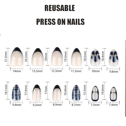 Image of Black Press on Nails Short Almond Fake Nails Flower False Nail with Design Alligator Print Glue on Nails Glossy Artificial Acrylic Nail Full Cover Nude Stick on Nail for Women Manicure 24Pcs