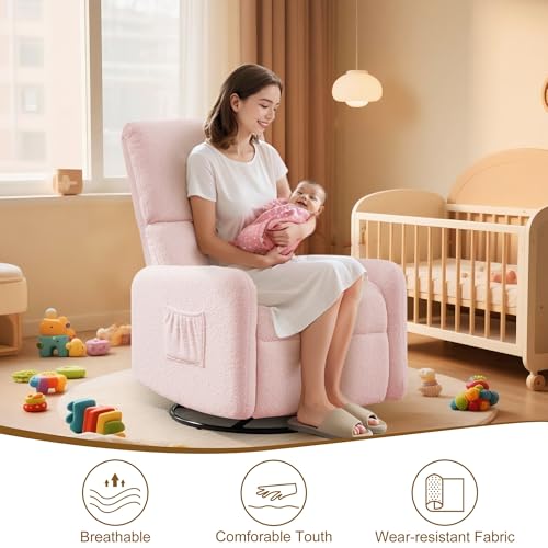Image of Korser 360 Rocking Chair, Nursery Rocker Chair with Side Pockets, Glider Nursing Chair with Steel Structure Base, Small Chair for Small Spaces, Sherpa Swivel Accent Chairs for Living Room, Nursing