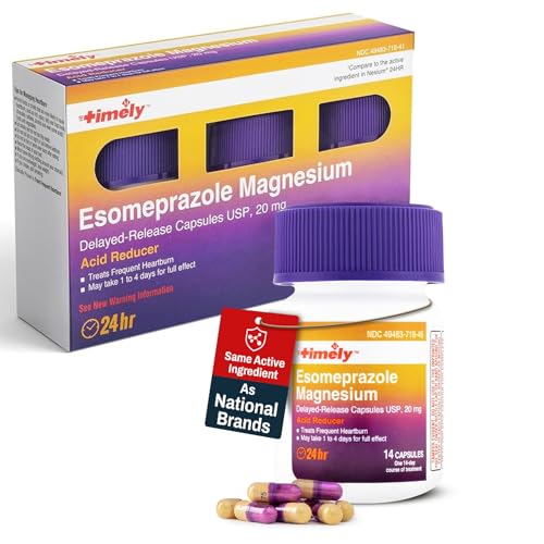 Timely Esomeprazole Magnesium 20mg Antacid Pills - Stomach Acid Reducer, Frequent Heartburn Relief & Acid Reflux Medicine - 24 Hour Esomeprazole Delayed Release Capsules - 42 Count