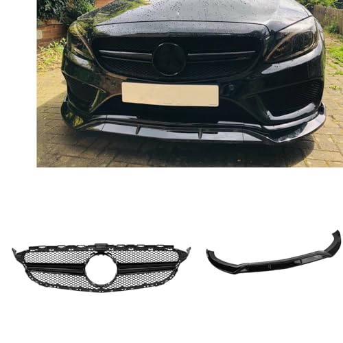 Black Front Bumper Spoiler+Grille For Mercedes Benz W205 C200 2015-2018 C63