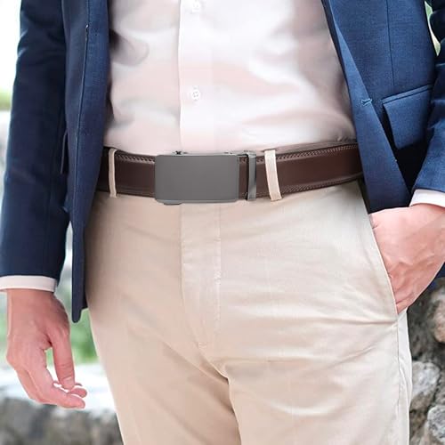 SENDEFN Men's Leather Belt Automatic Ratchet Buckle Slide Belt for Dress Casual Trim to Fit with Gift Box — view 4