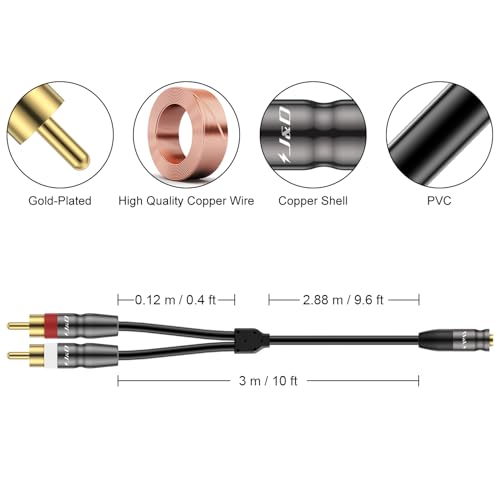 J&D 3.5 mm to Dual RCA Audio Cable, Gold Plated Copper Shell Heavy Duty 3.5mm Female to 2 RCA Male Stereo Audio Adapter Cable Adapter Cord, 3 Meter - Image 2