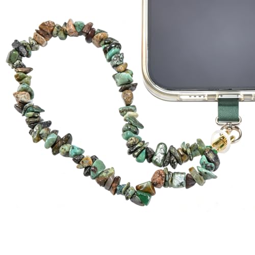 Aluckiss Natural African Turquoise Gravel Phone Wrist Strap for Women Men Stone Beads Charm Handmade Cellphone Chain Lanyard with Tether Tab