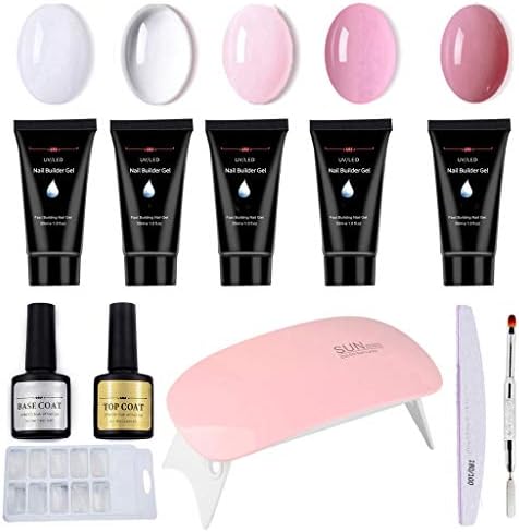 12pcs Gel Nail Polish UV Gel Nail Polish Glitter Gel Nail Polish Nail Art Supplies Clear Gel Nail Polish Polygel Nail Kit with LED Lamp A Pink