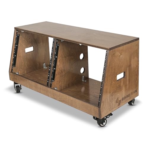 Image of Sound Town DIY 2 x 8U Slanted Studio Rack with Solid Baltic Birch Plywood, Casters, Weathered Brown for Recording Room, Home Studio (SDRK-D8TB)