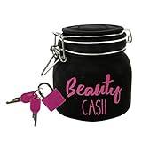 Witzige, originelle Spardose, die wie ein Einmachglas geformt ist, mit der Aufschrift 'Beauty Cash'