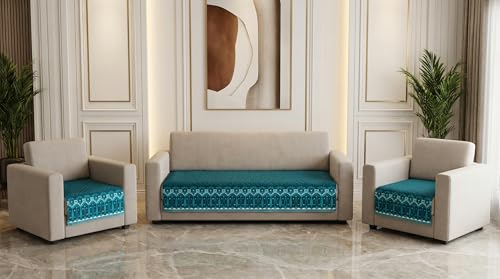 Image of KINGLY Sofa Cover for 1 Seater | Quilted Velvet Seat Cover | Anti-Slip Sofa Mat with Back Elastic | Thick Fabric Sofa Protector | Washable Couch Cover | Teal Blue