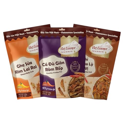 Set Combo Viet Essence Vietnamese Specialties, 3 Snack Pack, Glazed Baby Crab, Crunchy Croaker Fish, Stripe Scad-130g/ pack