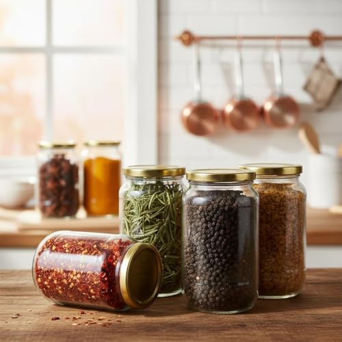 Image of STAR WORK 1000 Milliliter Glass Jar With Air Tight Gold Lid For Kitchen Dried Masla Storage Jar,Honey Jar,Jar And Container,Spice Masala Jar,Glass,Visible Glass Jar For Kitchen Storage Set Of (2)