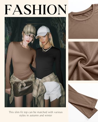 Ficerd 4 Pack Women's Long Sleeve Shirts Cotton Crew Neck Slim Fitted Tops Casual Basic Fall Y2k Tight Going Out Stretchy Tee4