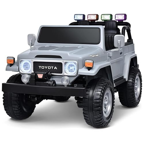 Joywhale 24V 2 Seater Kids Ride on Truck Licensed Toyota Land Cruiser FJ40 4WD Battery Powered Electric Car, with 4x75W Engine, Remote Control, Soft Braking, Easy-Drag, Suspension & Car Cover, Grey