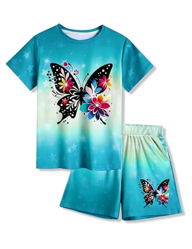 Image of 7-14Y Tween Girl Clothes 2 Piece Short Sleeve Tie Dye Heart Print Top and Shorts Teen Girl Summer Outfits Short Set