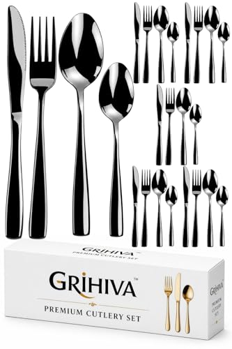 Image of 24 Pcs Black Mirror Polish Stainless Steel Cutlery Set for Dining Table with Spoons and Forks Set + Butterknives - The Perfect Tableware /Flatware