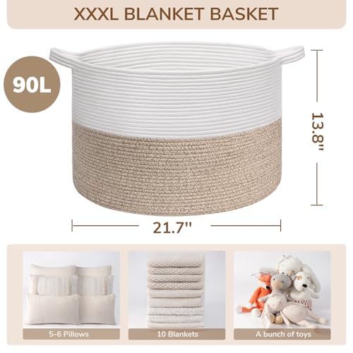 Image of INDRESSME Large Laundry Basket, 21.7'' x 13.8'' Cotton Rope Blanket Basket Living Room Toy Baskets Storage Kids, Woven Baskets for Dirty Clothes, Pillows, Towel, 90L Light Brown