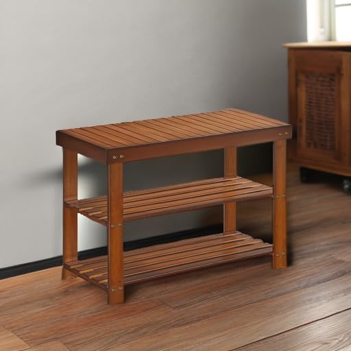 Image of SONGMICS Shoe Rack Bench, 3-Tier Bamboo Shoe Storage Organizer, Entryway Bench, Holds Up to 286 lb, 11.3 x 27.6 x 17.8 Inches, for Entryway Bathroom Bedroom, Yellow Brown ULBS04WL