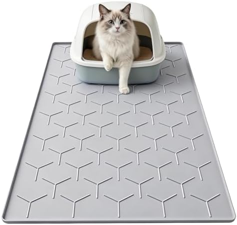 Garoopion Katzenklo Matte Silikon, Katzenstreu Matte Groß, 86 x 56cm Grau | wasserdichte Katzenmatte Katzenklo, leicht zu Reinigen, Katzenstreumatte zum Auffangen, Rutschfester Unt