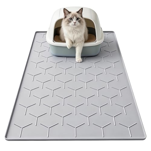 Garoopion Cat Mat for Litter Box, Large 34.05×22.5 inch Cat Litter Mat, Waterproof Silicone Pad for Floor, Gray