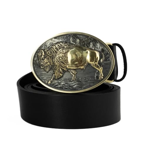 Leather Belt with Brass Buffalo Belt Buckle, Western American cowboy style belt, Wild West heritage bison large belt buckle heavy-duty belt4