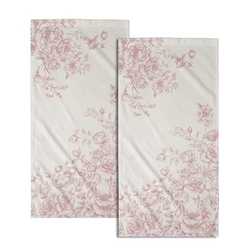 Mweet Vintage Flowers Hand Towels Set of 2, Spring Pastel Pink Floral Absorbent Dish Towel Tea Towels for Farmhouse Bathroom Kitchen Cooking Baking Cleaning and Party Decor 14x28 Inch