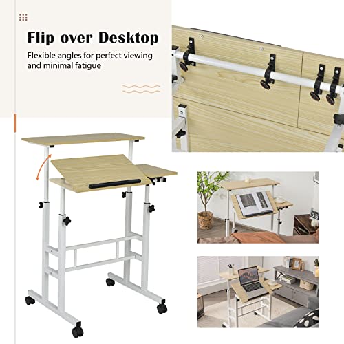 Tangkula Mobile Standing Desk Stand Up Desk, Height Adjustable Home Office Desk With Standing & Seating 2 Modes, Tilting Tabletop & Flexible Wheels, Rolling Laptop Cart Sit Stand Desk (Natural) #TOP5