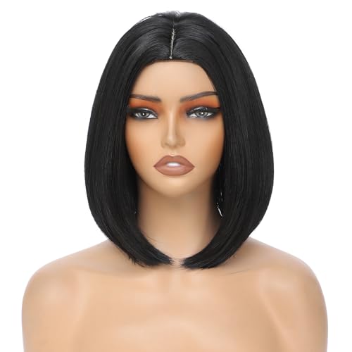 Black Bob Wig for Women 12 Inch Straight Black Wigs Middle Part Heat Resistant Synthetic Wig