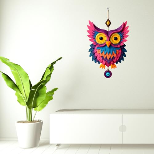 Image of GiftOday Owl Shape Wooden Wall Hanging For Home Decor | Evil Eye Design Decoration Livingroom, Dining Room | Modern Artwork | Designer Mdf Item | Wall Hanging Ornament Door Decorative (16 x 45 CM)