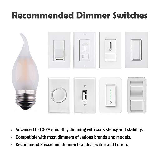 Opalray C35 2W(25W Incandescent Equivalent) Led Candelabra Bulb, Dimmable, Led Filament Lamp, Warm White Light 2700K, Frosted Glass, E26 Medium Base, Flame Tip, 5-Pack #TOP6
