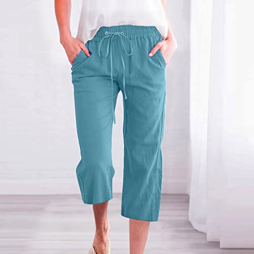 Womens Capris For Summer Capri Pants Casual 2023 Summer Drawstring Elastic High Waist Linen Pant Straight Wide Leg Cropped Trouser #TOP1