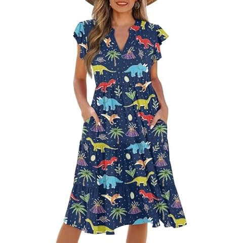 POLERO Dinosaur Dress for Women Dino Lovers Cute Cartoon Animal Print Dress for Teachers Ruffle Sleeveless Casual Midi Dresses V Neck Sundress Size L Cover