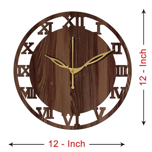 Image of SKYVILLA 12 Inch Wooden MDF Circle Analog Wall Clock with Romans | Silent Quartz Movement | Lightweight Without Glass Design for Home Living Room (Brown)