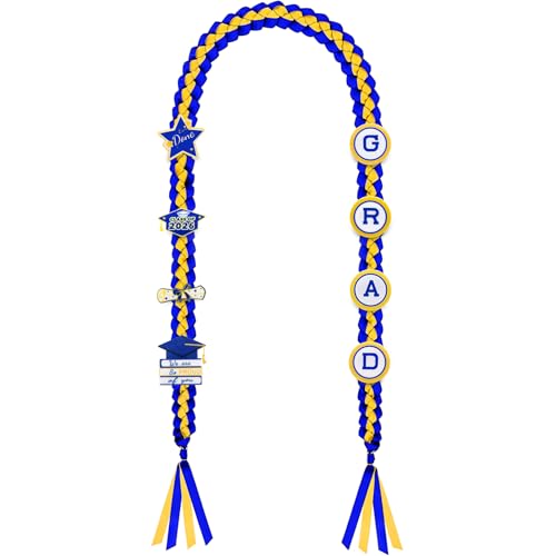 Image of Graduation Leis Class of 2026 Decorations, Handmade Double Braided Graduation Ribbon Leis with Glitter Pins for Him Her High School College Congrats Party Supplies (Blue & Gold)
