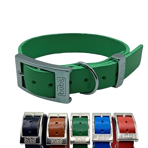 Collare per Cane BUB'S in Pelle bovina Origine Europa oliato e ammorbidito, morbido al tatto e ad alta resistenza. Conciaglia vegetale (verde, taglia M regolabile da 31 a 43 cm larghezza 25 mm)
