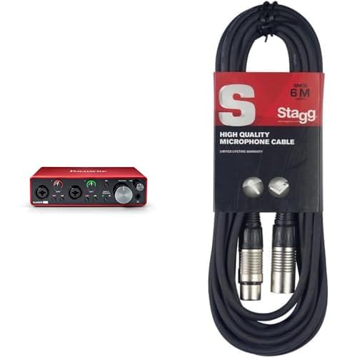 Interfaz de audio USB Scarlett 2i2 3.ª gen. de Focusrite para grabar, componer & Cable de micrófono a mezclador Stagg SMC6 XLR (m) -XLR (f) de 6 metros de largo, negro
