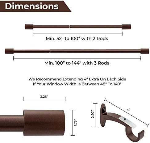 Deco Window Adjustable Curtain Pole 132 to 365 cm Extendable 52 to 144 Inch Drapery Rod for Windows with Barrel Finials & Bracket Set (Brown, 1 Inch Diameter)