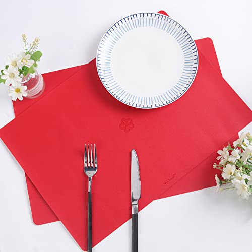 Wintersweet Pu Faux Leather Placemats, Flower Embossed, New Oriental Chinese Style, Holiday Home Decor, Waterproof Wipeable, Fiery Red, 17X11.8, 6Pk #TOP2