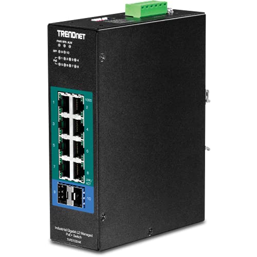 Image of TRENDnet 10-Port Industrial Gigabit L2 Managed PoE+ DIN-Rail Switch,8X Gigabit PoE+ Ports,2X SFP Slots,24 - 57V DC Power Input,IP30, VLAN, QoS,LACP,STP /RSTP, Bandwidth Management, Black, TI-PG102i-M