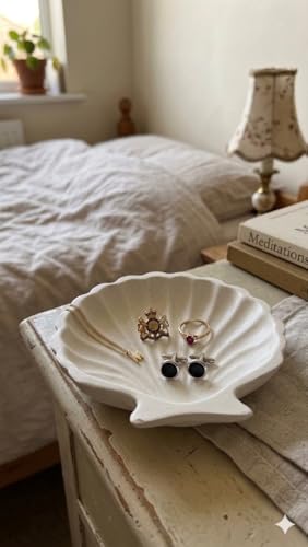 Image of TREETRUNK Handmade Concrete Shell Trinket Tray | White | Shell Shaped | Jewellery /Makeup /Table Organizer | Home Decor | Candle Tray | Multipurpose (9.5x9.5cm)