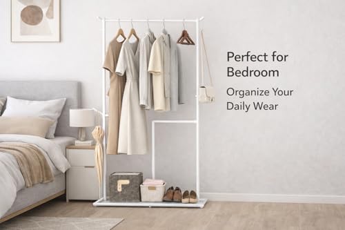 Image of Raawan Heavy Duty Double Rod Clothes Rack with Side Storage Shelves | Metal Garment Stand Organizer | Space Saving Cloth Hanger Stand for Bedroom, Living Room & PG (1 LAYER SM WHITE)