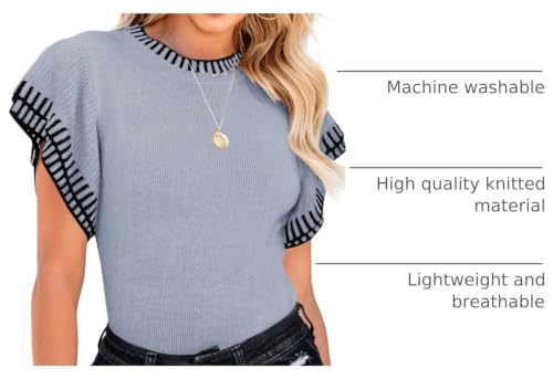 Image of Saodimallsu Womens Short Sleeve Sweater Summer Striped Top Soft Knit Shirts | Ruffle Sleeve,Loose,Crew Neck,Lightweight,Casual,Work,Spring,Womens Tops,Pullover,Fall