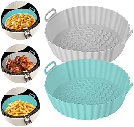 Hiyaloo 2Pcs Air Fryer Silicone Liners 7.5 Inch Accessories Round BPA Free Non Stick Reusable Parchment Paper Replacement Fits 3QT - 5QT (Blue+Grey, 2)