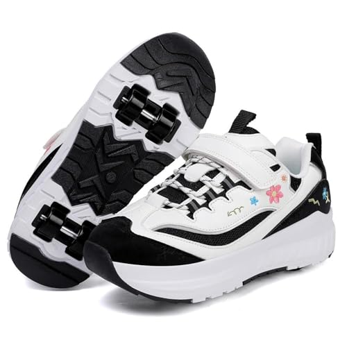 CCVVBFD Zapatillas con Ruedas Niño Niña, Patines Multiusos con 4 Ruedas Retráctil, Zapatos Patines Calzado de Skateboarding Multifuncionales, Flor Bordado Zapatos de Niños con Ruedas,Black-34 EU