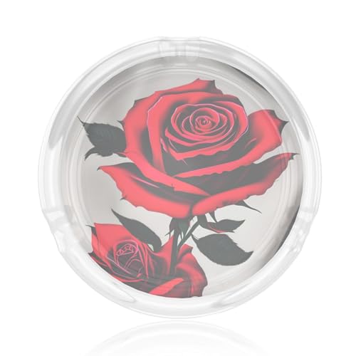 Cendrier rond en verre imprimé rose rouge pour bords bruts pour la maison, le bureau, la terrasse, la voiture, l'intérieur et l'extérieur