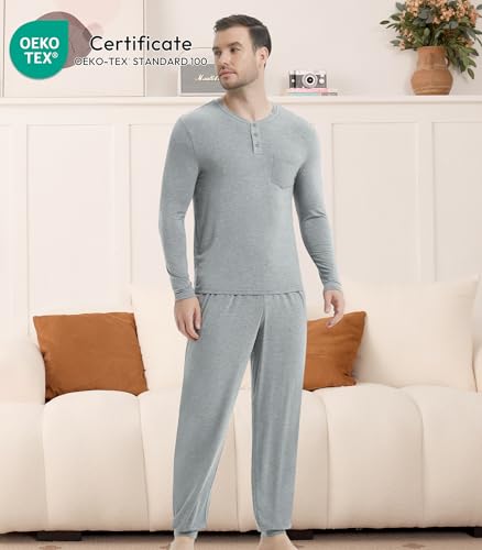 Image of NACHILA Mens Pajamas Set Long Sleeve Henley Sleepwear Top Soft Jogger Pants Pajamas Cool Pjs Set,Viscose Made from Bamboo