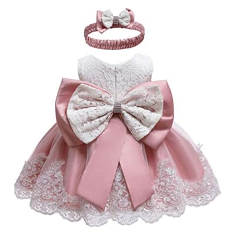 2PCs Newborn Toddler Baby Girl Lace Back Zipper Up Dress Sleeveless Bowknot Wedding Dress Multi-Layer Mesh A-Line Princess Tutu Ballet Skirt Birthday Tulle Dress Outfit (Pink, 0-3 Months) Cover