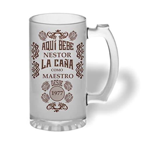 Bee Ingenious Jarra cerveza personalizada de cristal esmerilado. Jarra de cerveza original: Aquí bebe...la caña con nombre, fecha y textos personalizados